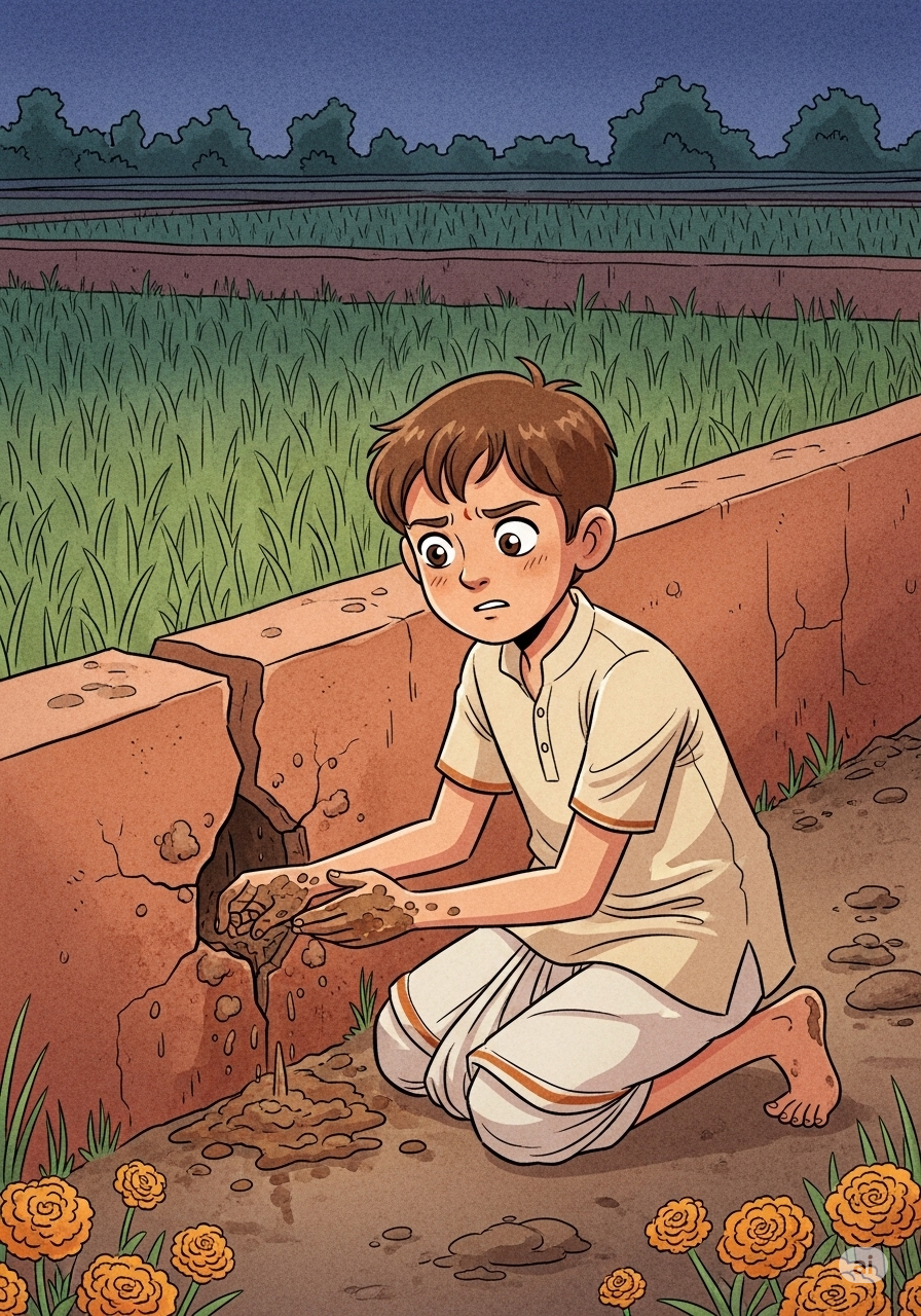 Aruni kneeling by the broken canal, examining the damage with determination