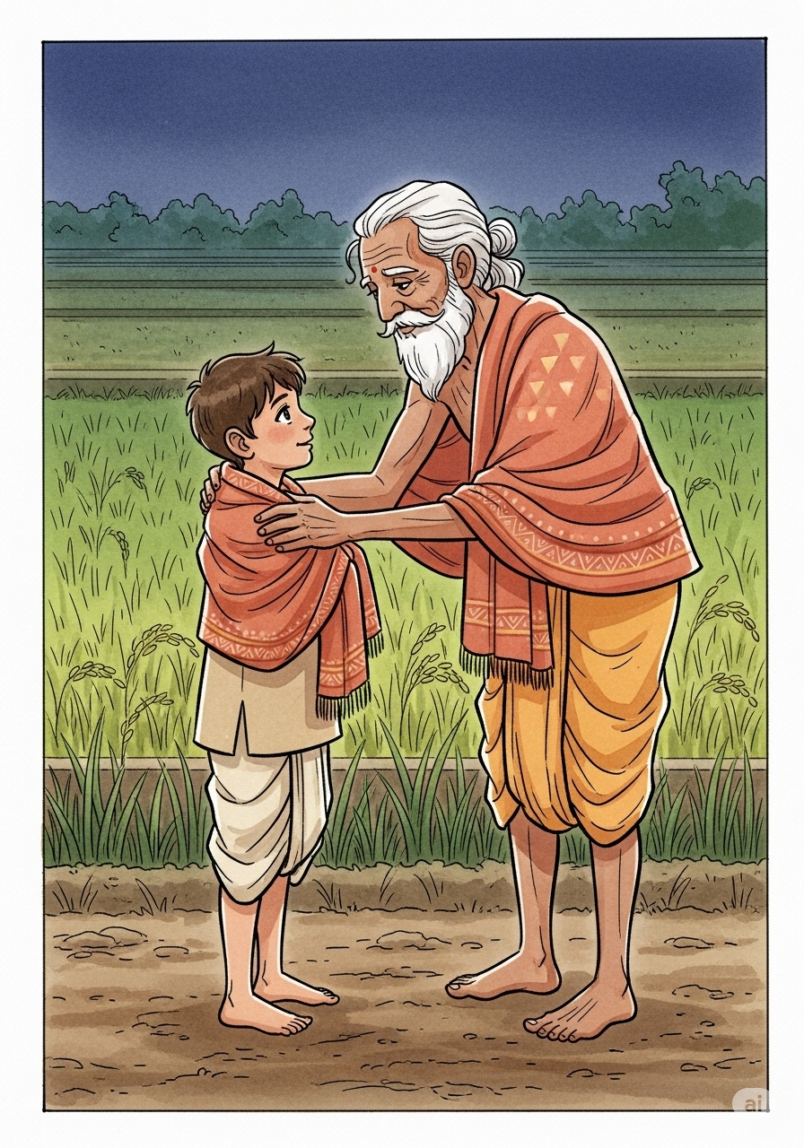 Sage Dhaumya and other students searching for Aruni with lanterns in the evening